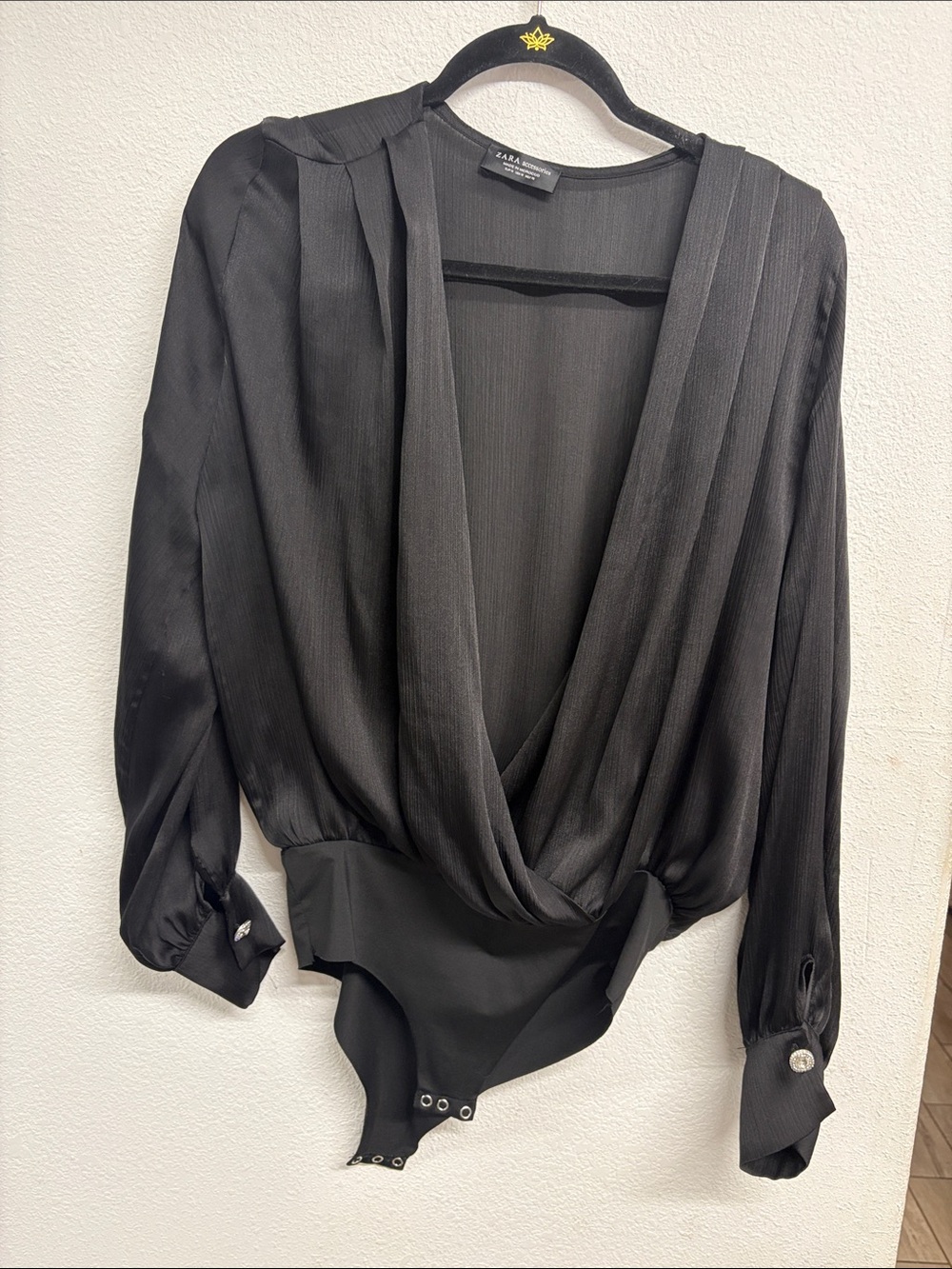 Zara Black Draped V-Neck Long-Sleeve Bodysuit